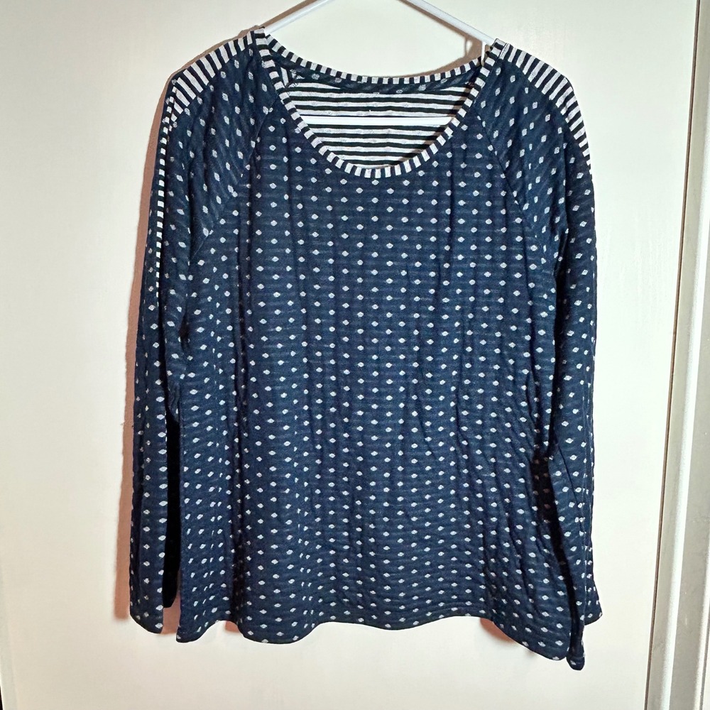 Womens‎ XL Long Sleeve Top Navy Blue White Polka Dot Striped Sleepwear